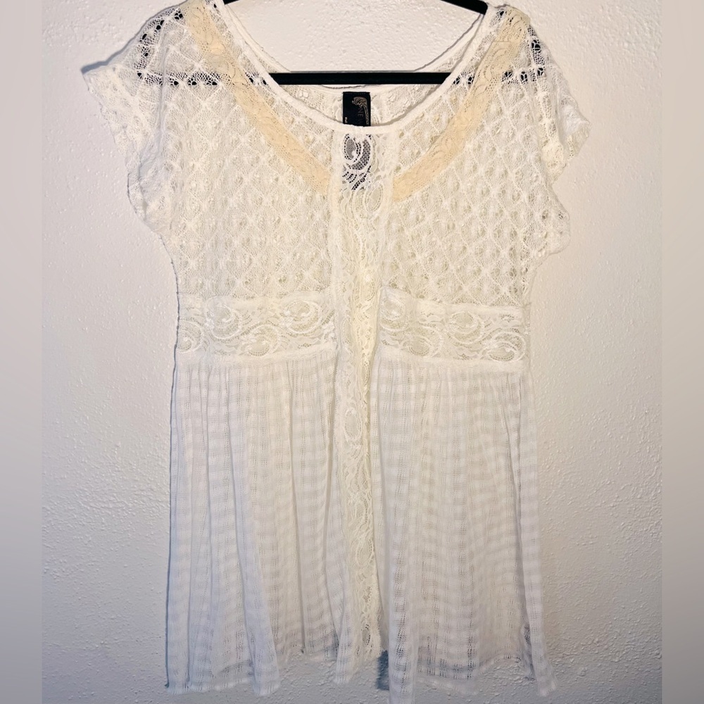 New Romantic Free People White Lace Sheer Boho Top Size Large